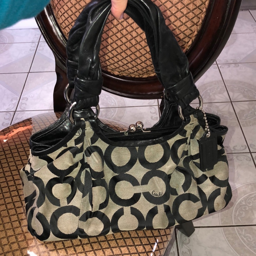 Canvas patent leather coach bag